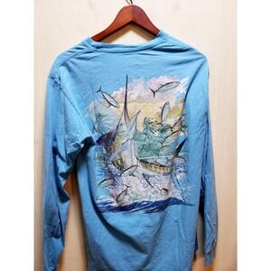 Guy Harvey Shirt Mens Medium Blue Pocket Marlin Graphic Long Sleeve Tagless Tee